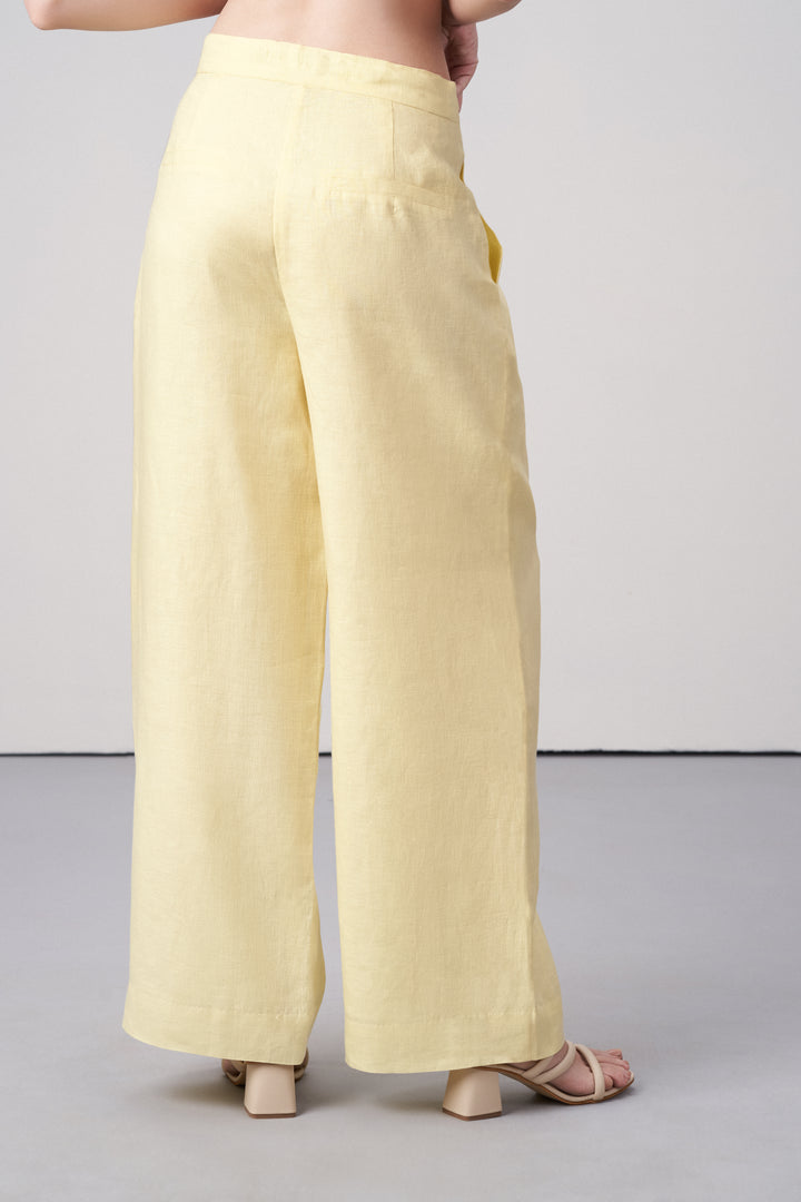Women Pants Light Yellow 100% Linen Straight Fit Button Zip Closure Side | Pockets Suit Trousers For Ladies | Women's 100% Linen Golden Yellow Suit Trousers | Women's Pants  | Back Side View LINEN TROUSERS