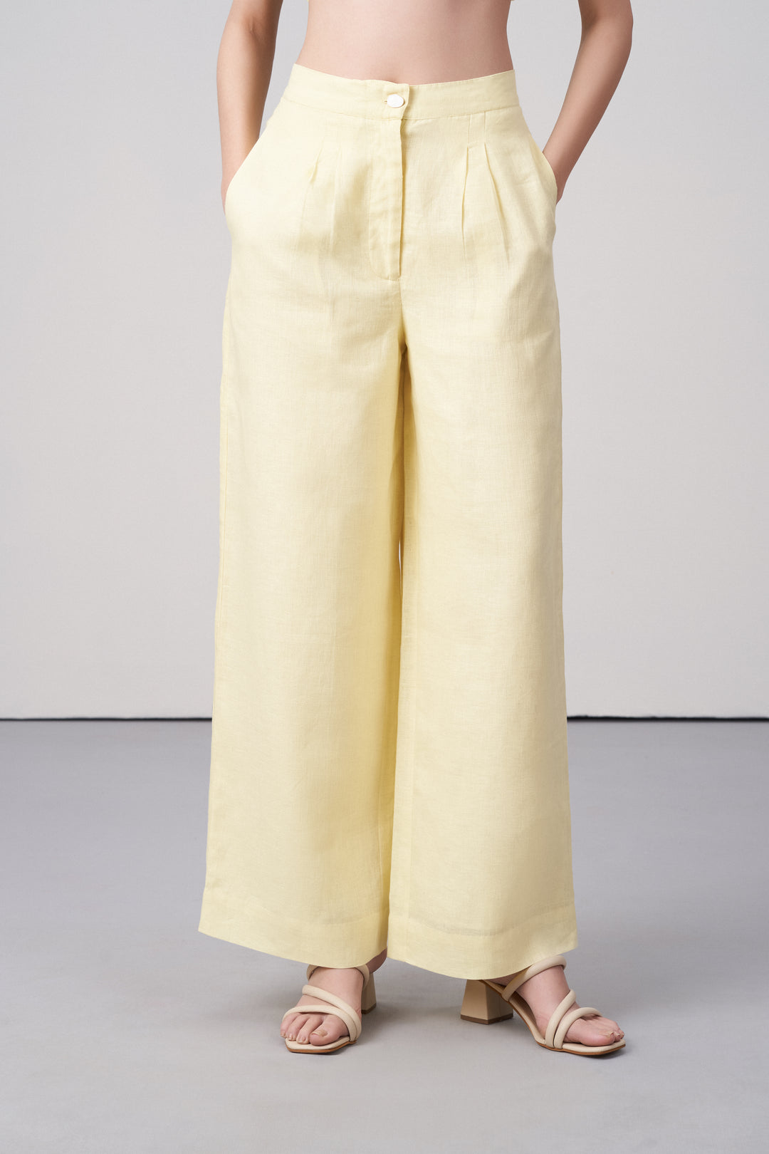Women Pants Light Yellow 100% Linen Straight Fit Button Zip Closure Side | Pockets Suit Trousers For Ladies | Women's 100% Linen Golden Yellow Suit Trousers | Women's Pants