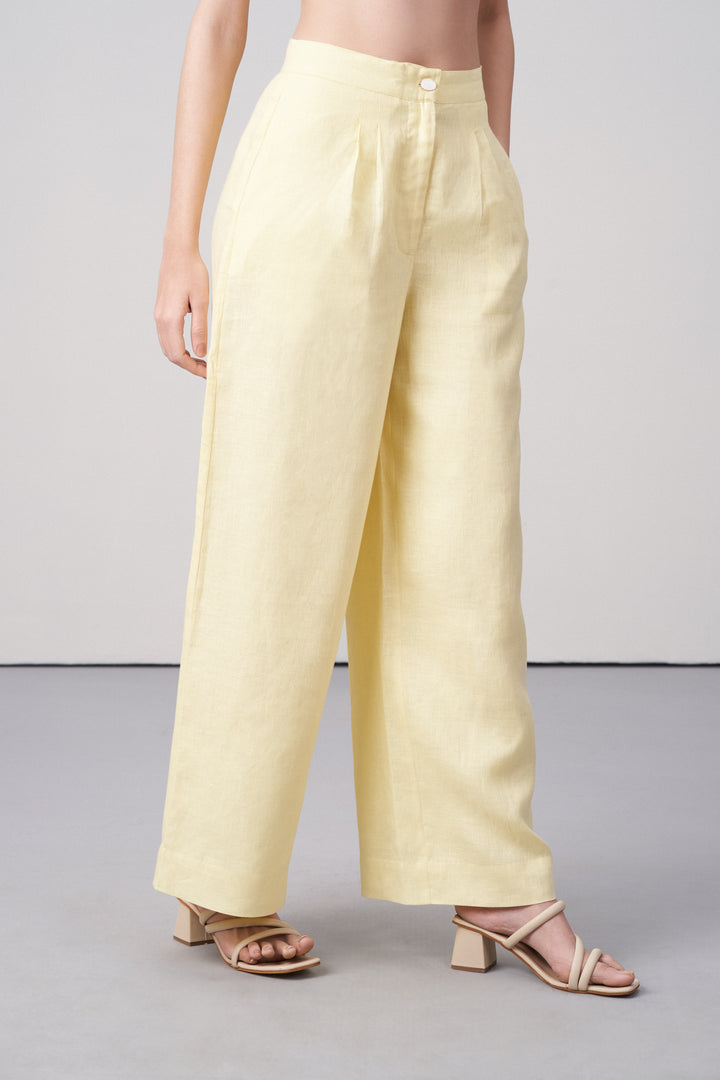 Women Pants Light Yellow 100% Linen Straight Fit Button Zip Closure Side | Pockets Suit Trousers For Ladies | Women's 100% Linen Golden Yellow Suit Trousers | Women's Pants  | Right Side View LINEN TROUSERS