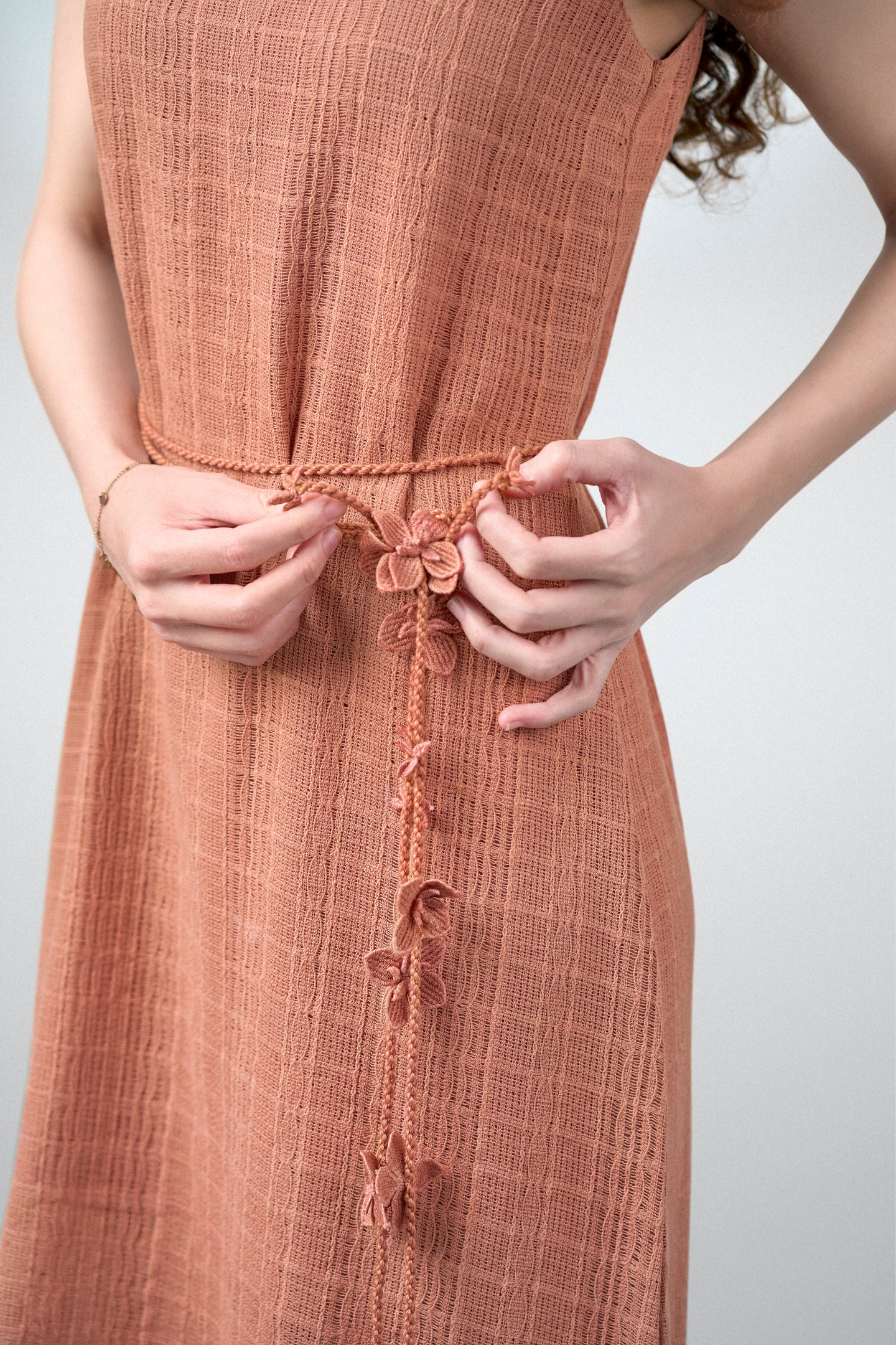 Cotton Guipure Sleeveless Round Neckline Floral Accents Bloom Midi Dress For Women Ladies Terracotta Color Floral Tie View | Terracotta Guipure Bloom Midi Dress | Cotton Midi Dress For Women