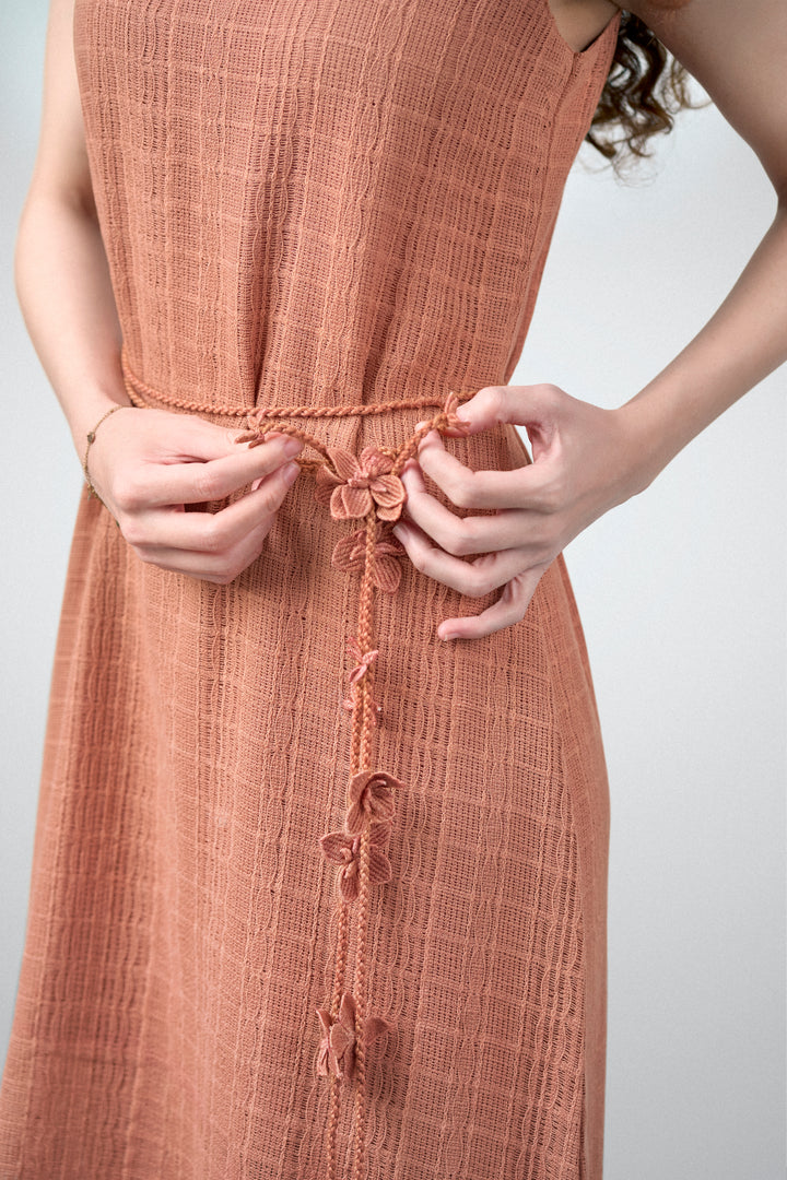 Cotton Guipure Sleeveless Round Neckline Floral Accents Bloom Midi Dress For Women Ladies Terracotta Color Floral Tie View | Terracotta Guipure Bloom Midi Dress | Cotton Midi Dress For Women