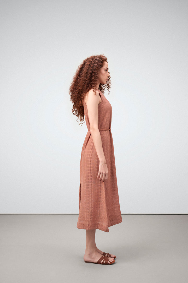 Cotton Guipure Sleeveless Round Neckline Floral Accents Bloom Midi Dress For Women Ladies Terracotta Color Model Right Side View | Terracotta Guipure Bloom Midi Dress | Cotton Midi Dress For Women