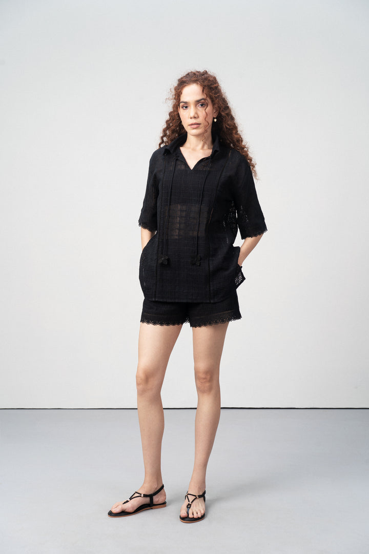 Cotton High Waist Lace Trim Cotton Relaxed Stylish Fit Elastic Waistband Shorts For Women Ladies Black Color Model View | Women’s High Waist Black Cotton Shorts With Lace Trim