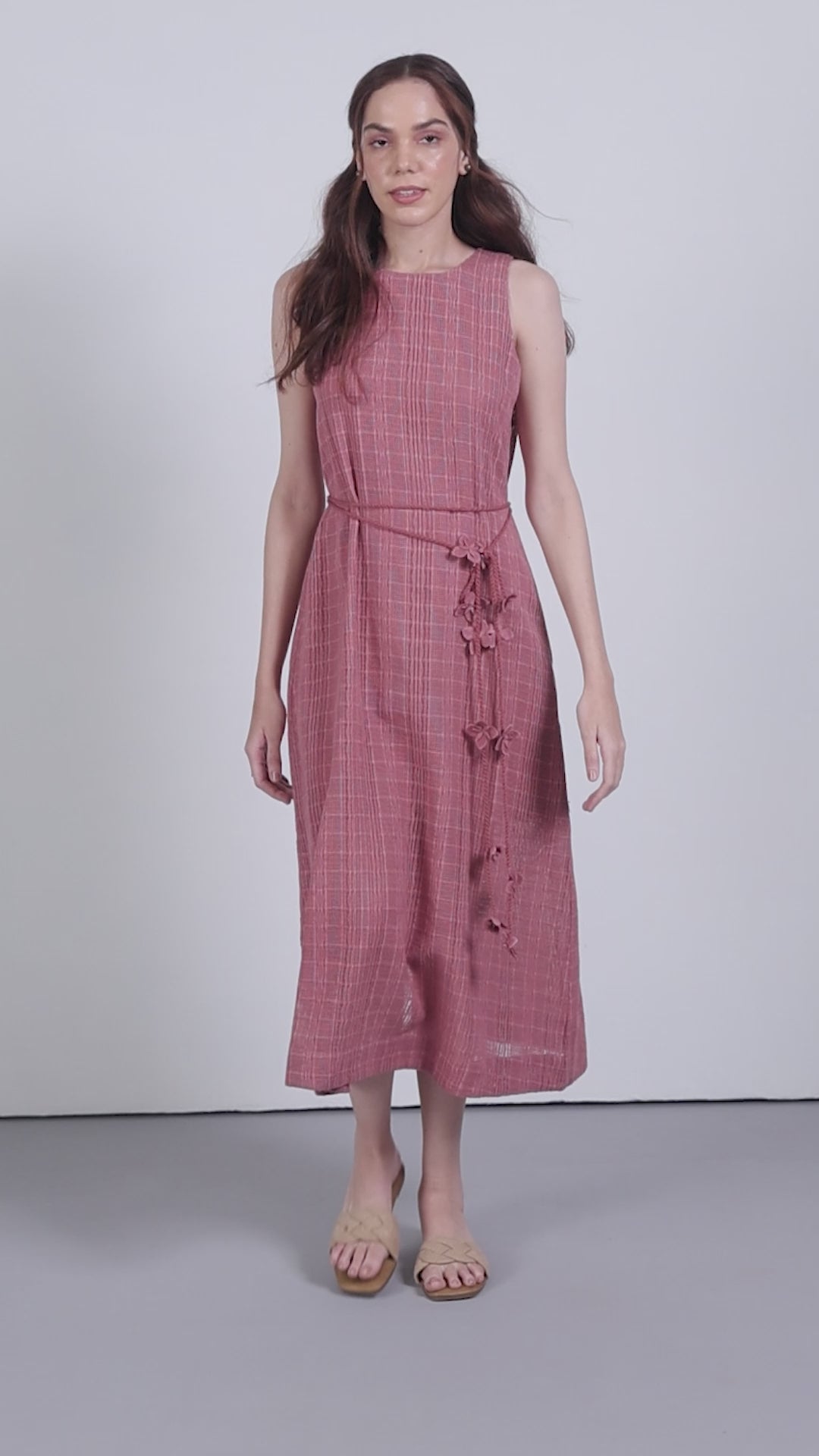 Cotton Guipure Sleeveless Round Neckline Floral Accents Bloom Midi Dress For Women Ladies Pink Color Front Model View | Buy Rosy Brown Guipure Bloom Midi Dress | Cotton Midi Dress For Women