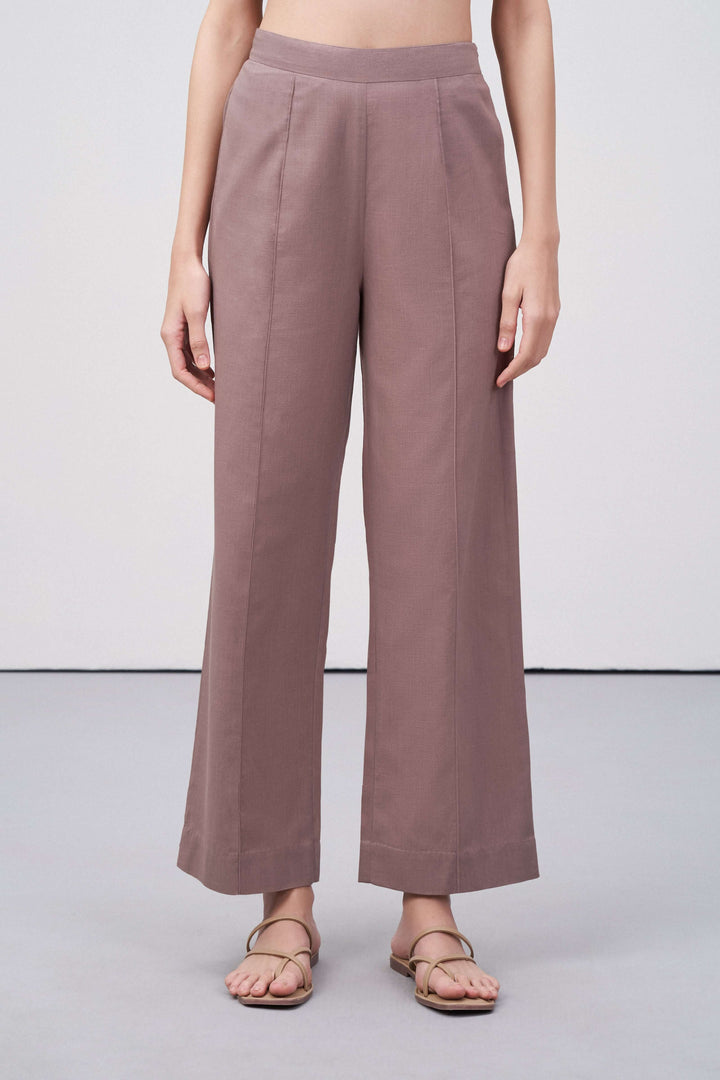 Rose Taupe Cotton Pants | Dart Trousers for Women | Front Straight Fit Cotton Trousers