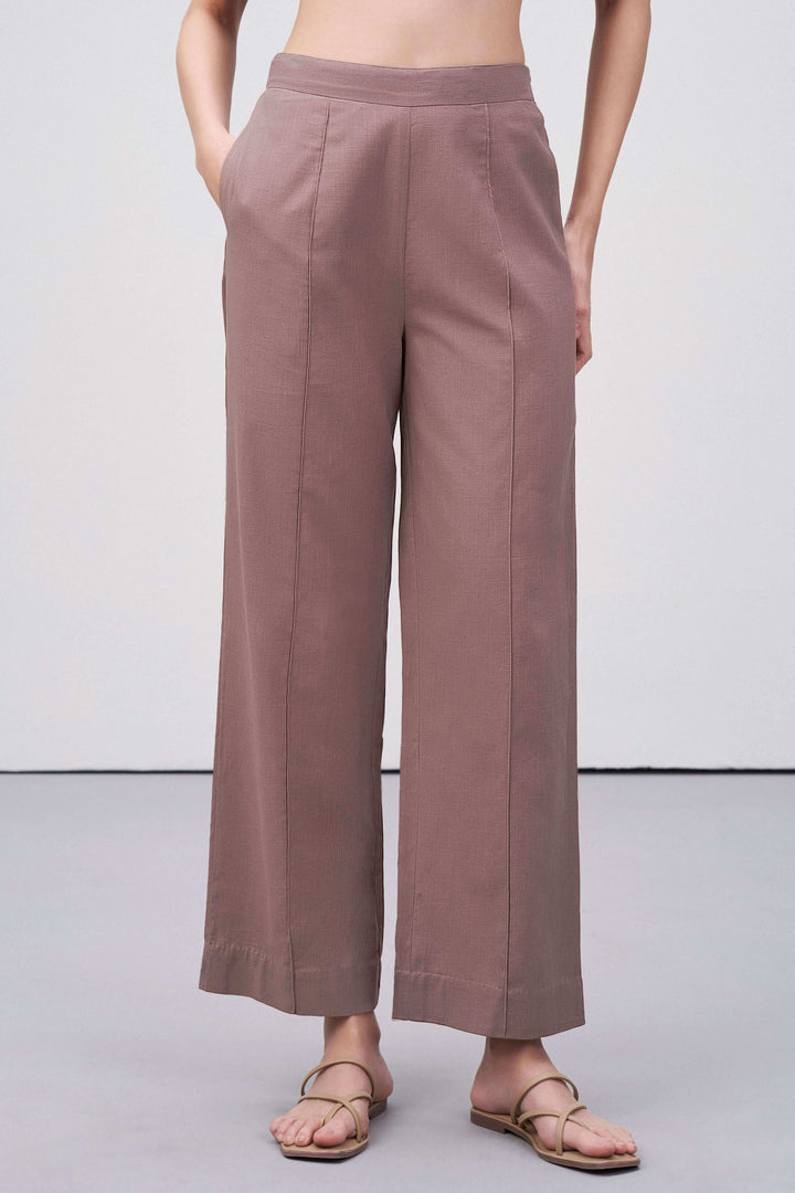 Rose Taupe Cotton Pants | Dart Trousers for Women | Front Straight Fit Cotton Trousers
