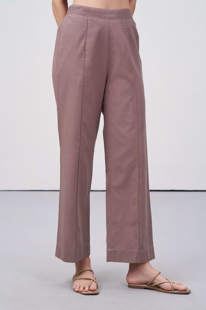 Rose Taupe Cotton Pants | Dart Trousers for Women | Front Straight Fit Cotton Trousers