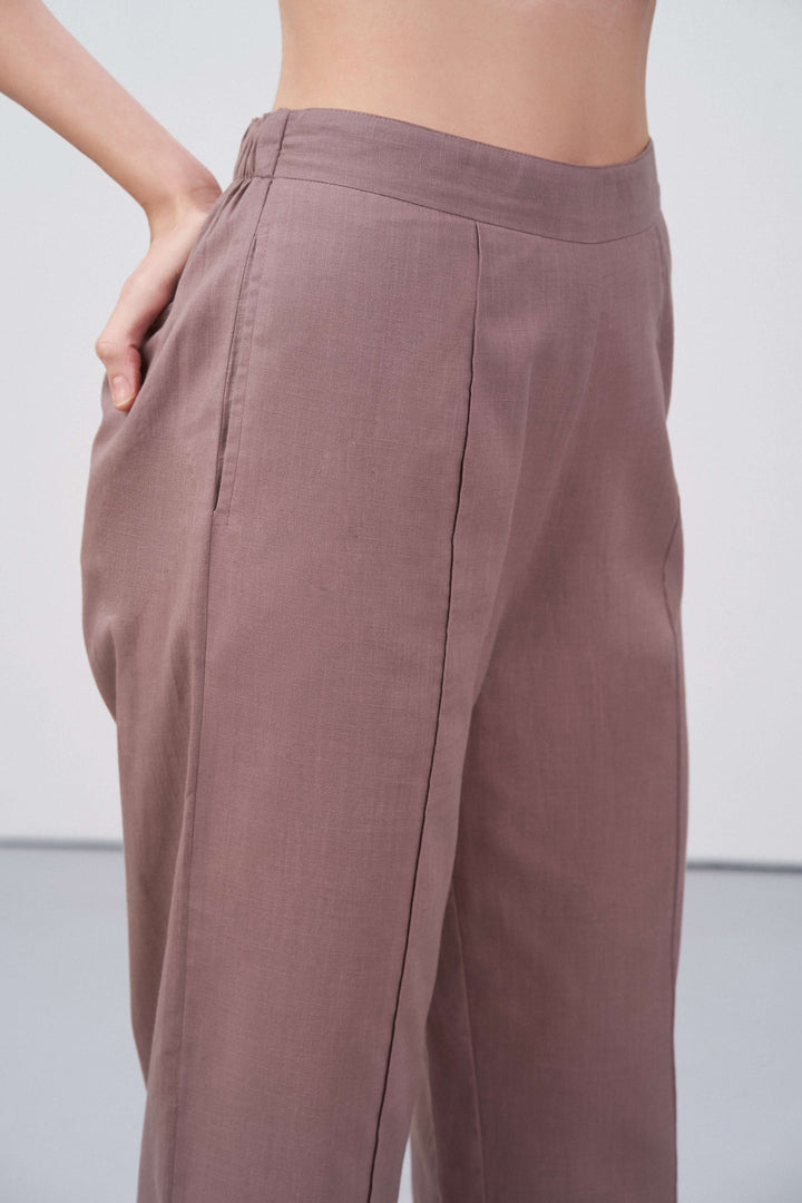 Rose Taupe Cotton Pants | Dart Trousers for Women | Side Right Straight Fit Cotton Trousers