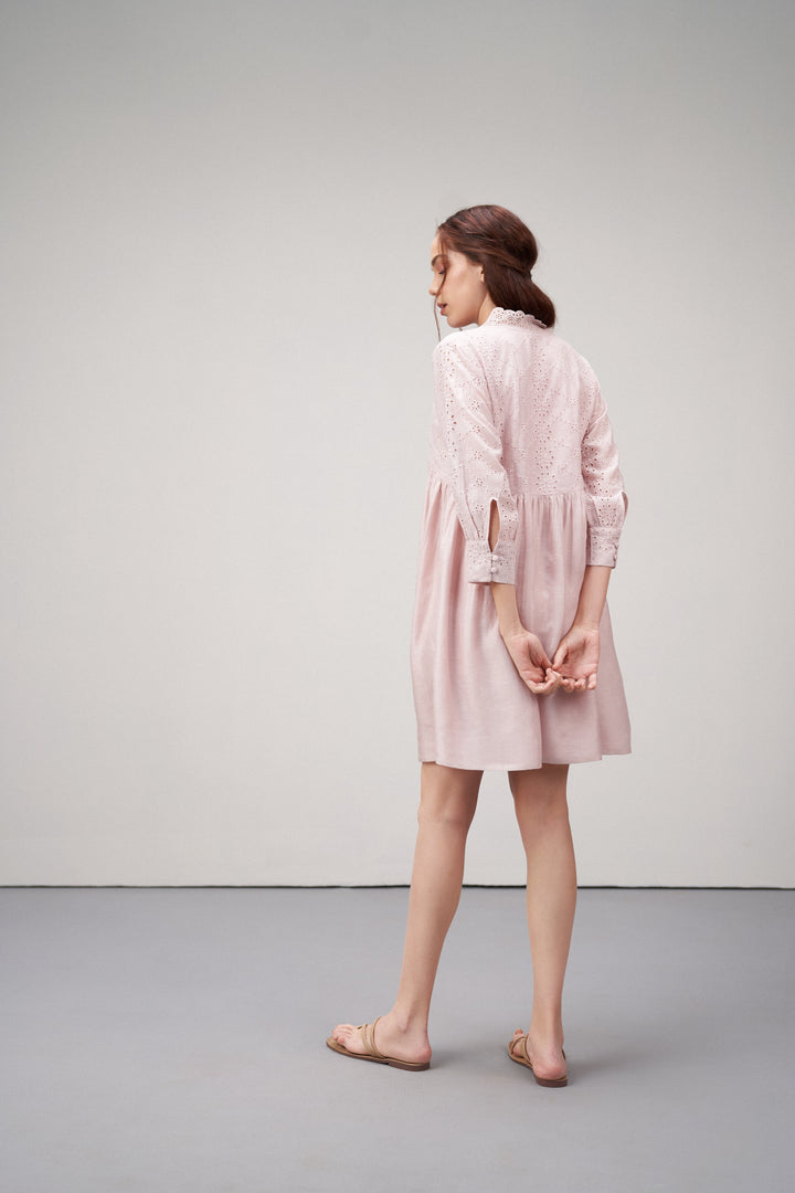 Women's Premium Linen Cotton Pink Embroidered Cutwork V-neck Mini Dress | Broidery Anglaise Short Dress For Left Back Side Model View