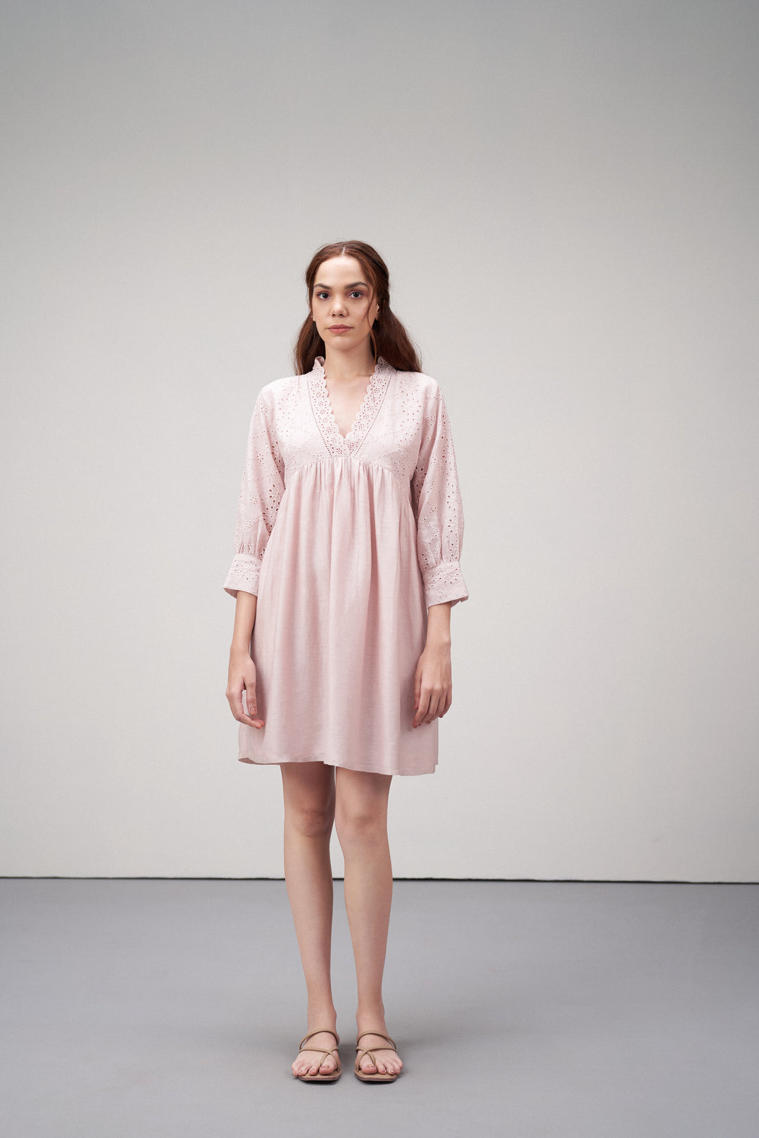 Women's Premium Linen Cotton Pink Embroidered Cutwork V-neck Mini Dress | Broidery Anglaise Short Dress For Front Full View Model