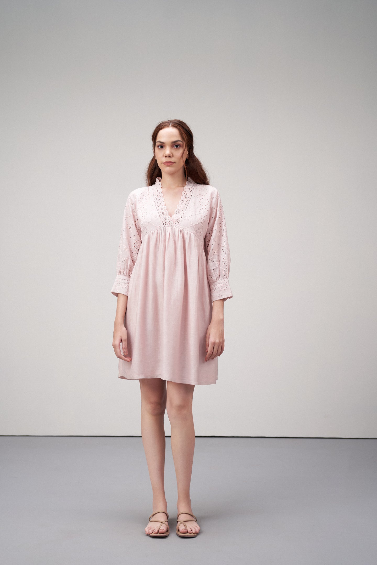 Women's Premium Linen Cotton Pink Embroidered Cutwork V-neck Mini Dress | Broidery Anglaise Short Dress For Front Full View Model