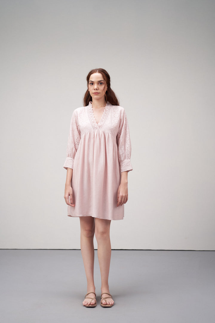 Women's Premium Linen Cotton Pink Embroidered Cutwork V-neck Mini Dress | Broidery Anglaise Short Dress For Front Full View Model