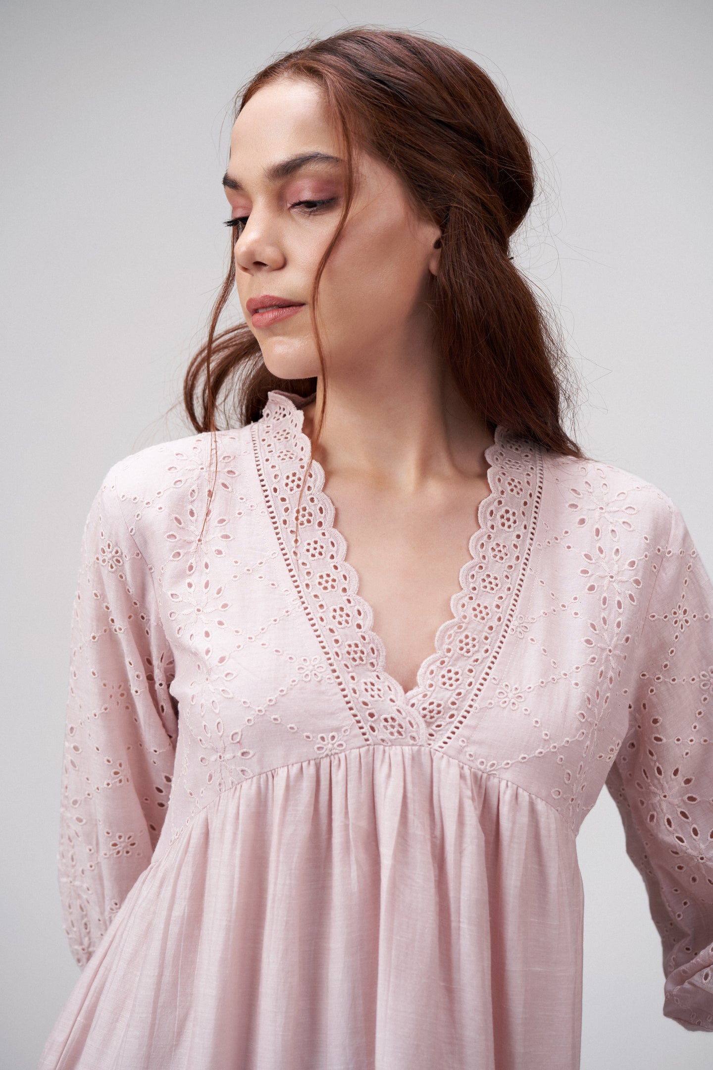 Women's Premium Linen Cotton Pink Embroidered Cutwork V-neck Mini Dress | Broidery Anglaise Short Dress For Front Closed Up Model View