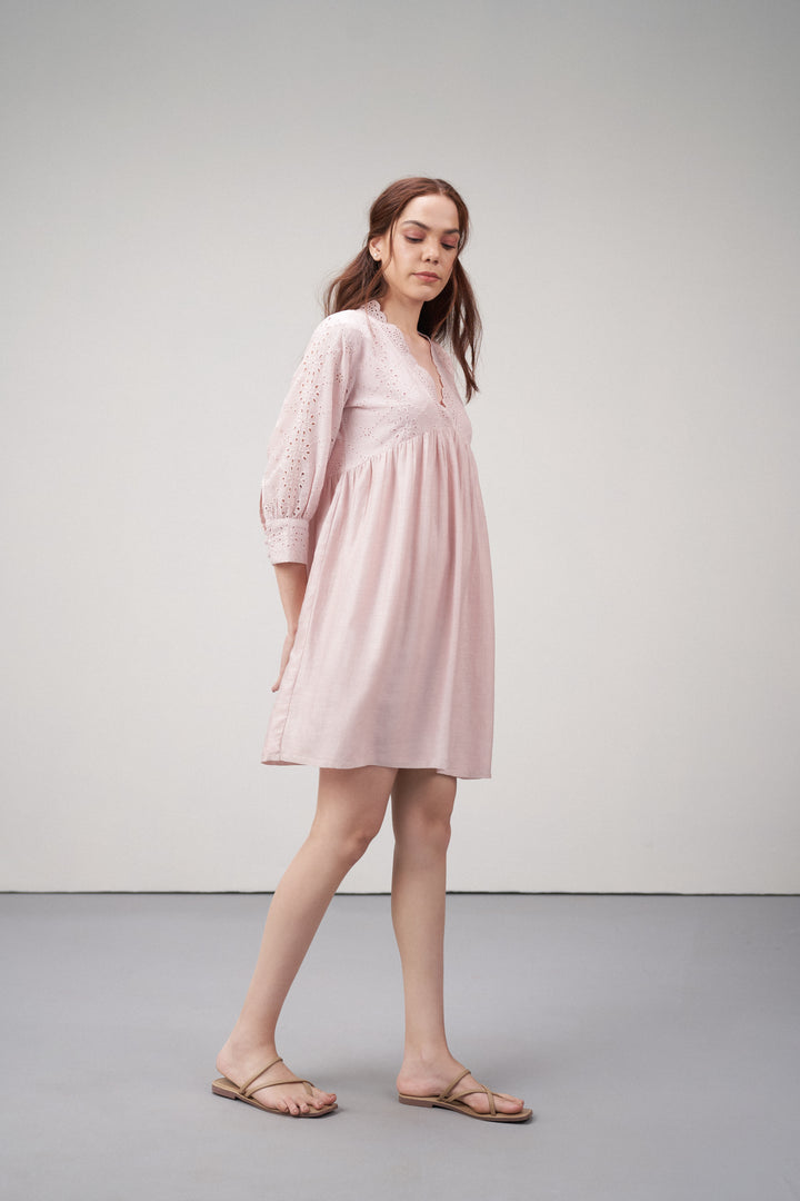 Women's Premium Linen Cotton Pink Embroidered Cutwork V-neck Mini Dress | Broidery Anglaise Short Dress For Front Right Side Model View