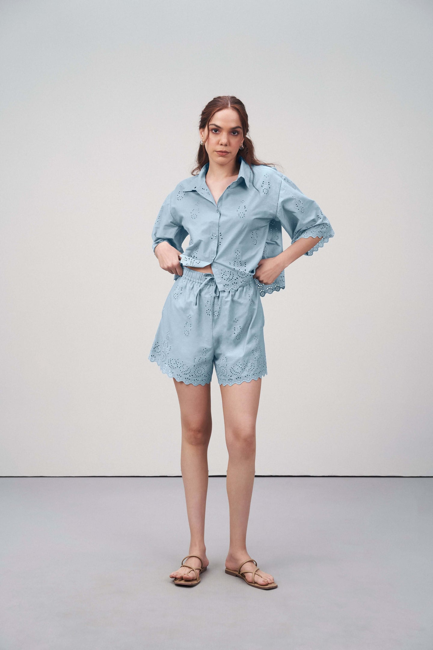 Broidery Anglaise Short For Full Body Model View | Broderie Anglaise Cotton Shorts With Drawstring Waist