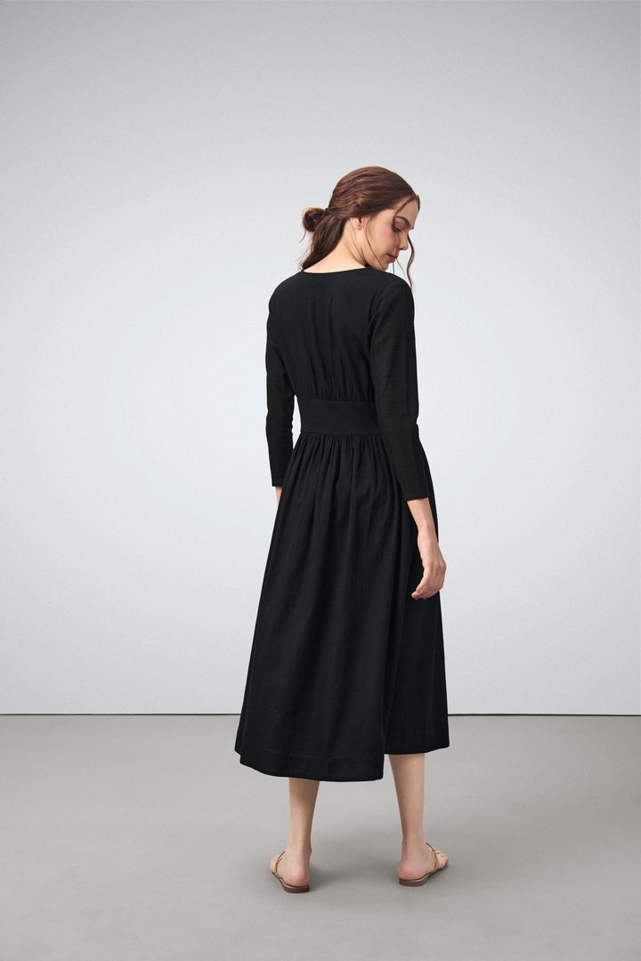 Ladies 100% Cotton Soft And Breathable Long Sleeve V Neckline Fit And Flare Midi Dress For Women Model Back Side View | Balck Cotton Fit & Flare Midi Dress For Women