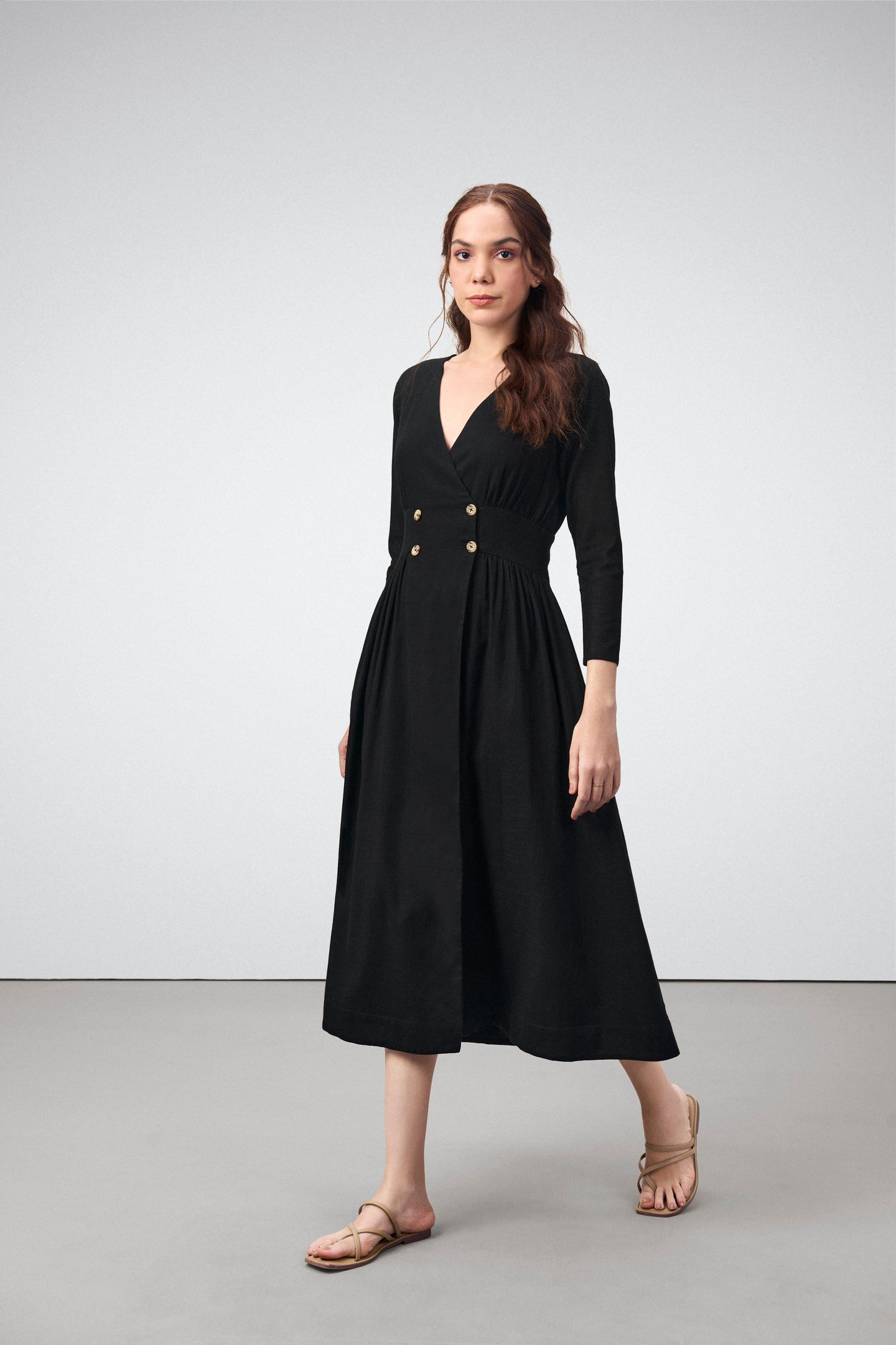 Ladies 100% Cotton Soft And Breathable Long Sleeve V Neckline Fit And Flare Midi Dress For Women Side View Model | Balck Cotton Fit & Flare Midi Dress For Women