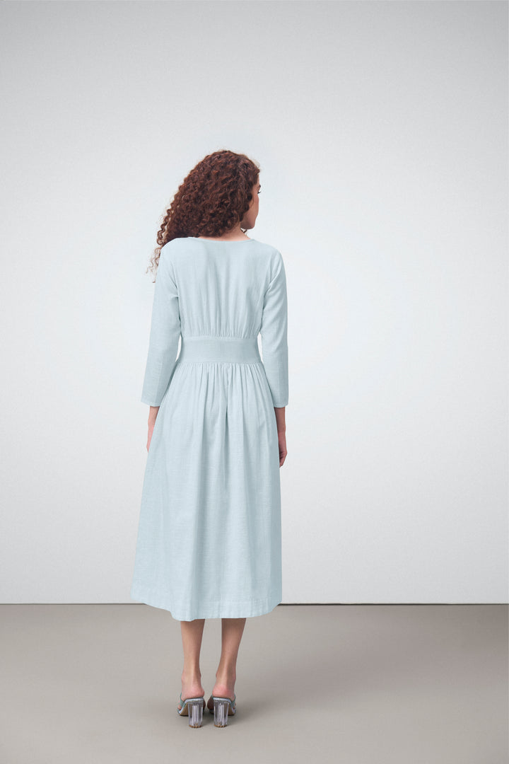 Ladies 100% Cotton Soft And Breathable Long Sleeve V Neckline Blue Color Fit And Flare Midi Dress For Women Model Back View | Blue Cotton Fit & Flare Midi Dress For Women