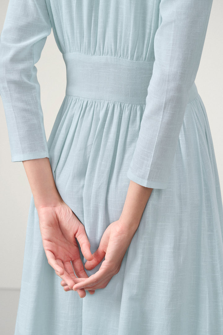 Ladies 100% Cotton Soft And Breathable Long Sleeve V Neckline Blue Color Fit And Flare Midi Dress For Women Model Back View | Blue Cotton Fit & Flare Midi Dress For Women