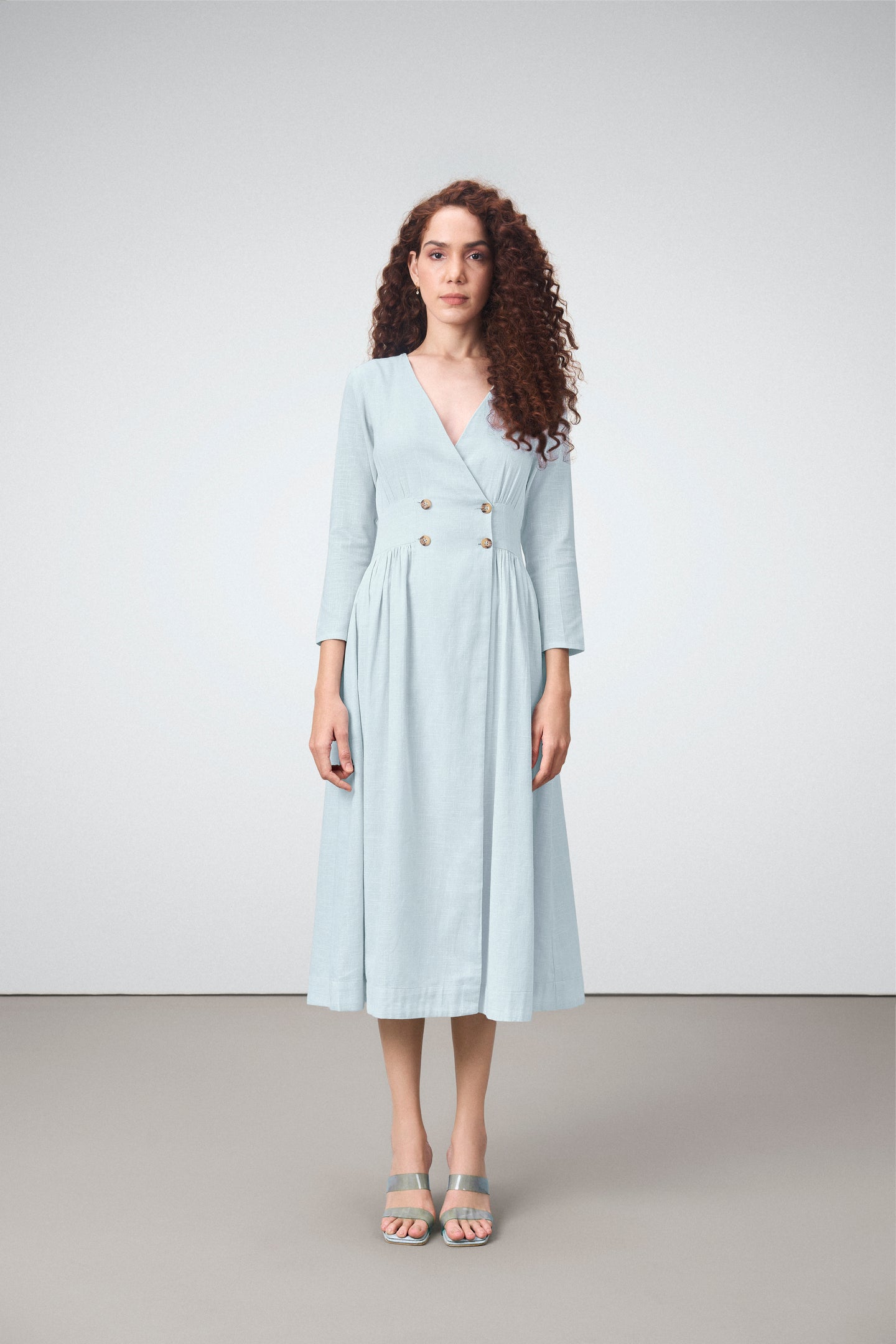 Ladies 100% Cotton Soft And Breathable Long Sleeve V Neckline Blue Color Fit And Flare Midi Dress For Women | Blue Cotton Fit & Flare Midi Dress For Women