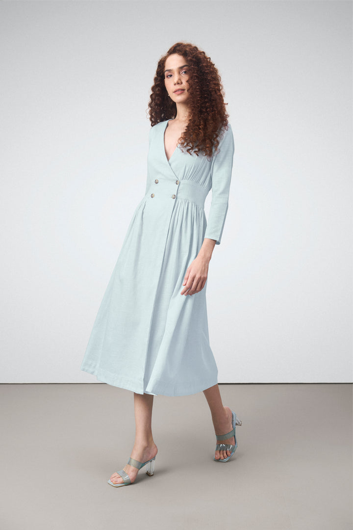 Ladies 100% Cotton Soft And Breathable Long Sleeve V Neckline Blue Color Fit And Flare Midi Dress For Women Model Side View | Blue Cotton Fit & Flare Midi Dress For Women