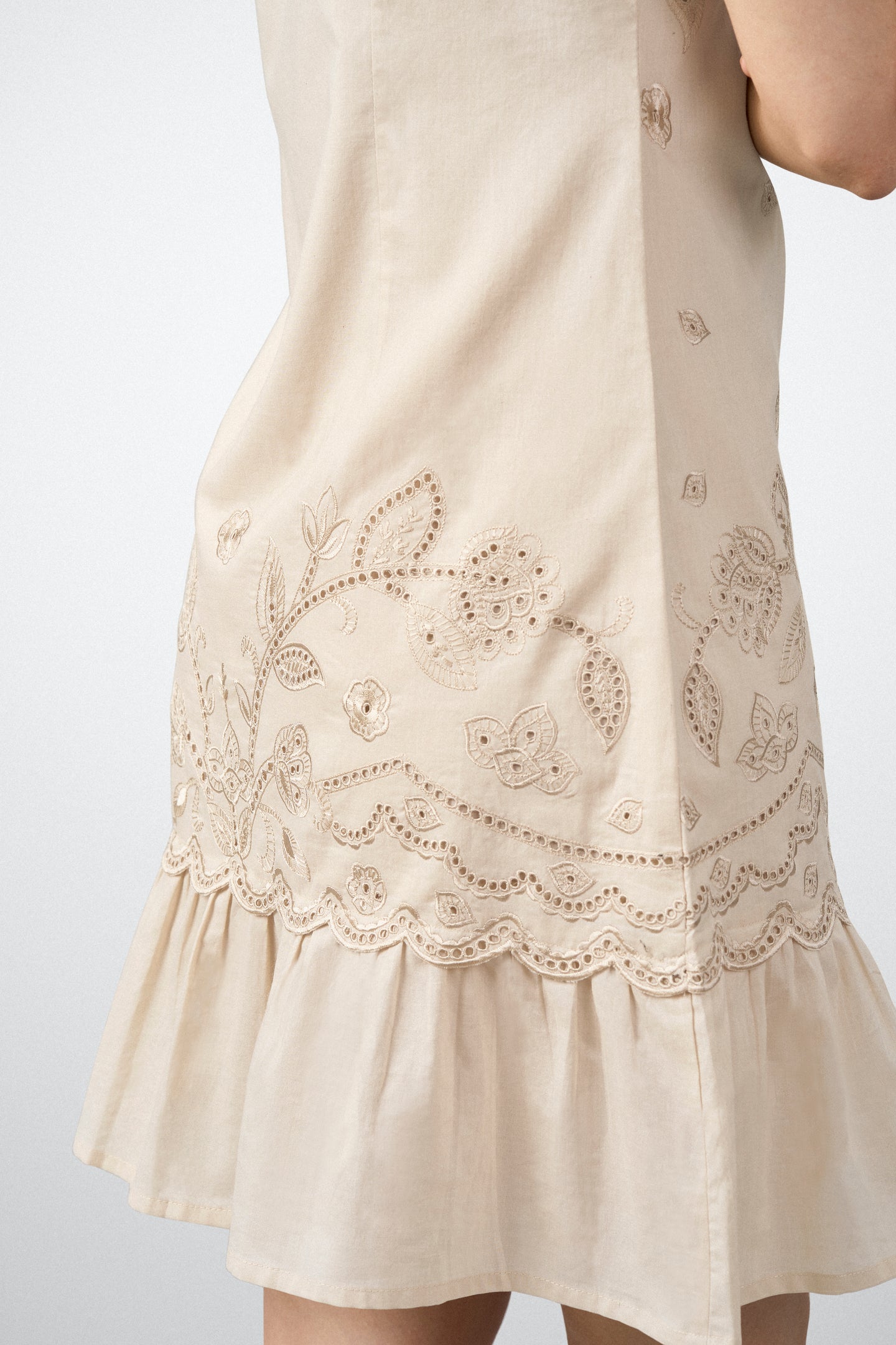 Cotton Round Neckline Sleeveless Embroidered Hem Short Dress For Women Ladies Relaxed Fit Beige Color Side View | Blue Cotton Sleeveless Mini Dress With Embroidered Hem