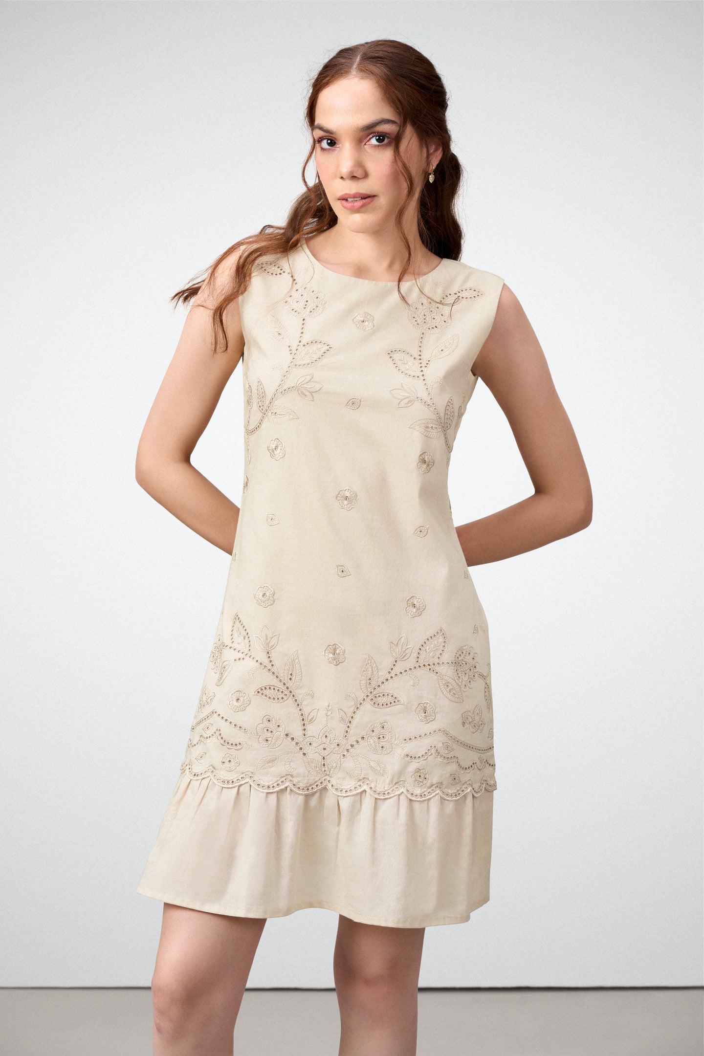Cotton Round Neckline Sleeveless Embroidered Hem Short Dress For Women Ladies Relaxed Fit Beige Color Model Front Close-up View | Blue Cotton Sleeveless Mini Dress With Embroidered Hem