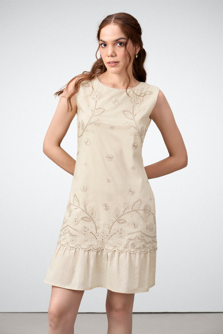 Cotton Round Neckline Sleeveless Embroidered Hem Short Dress For Women Ladies Relaxed Fit Beige Color Model Front Close-up View | Blue Cotton Sleeveless Mini Dress With Embroidered Hem