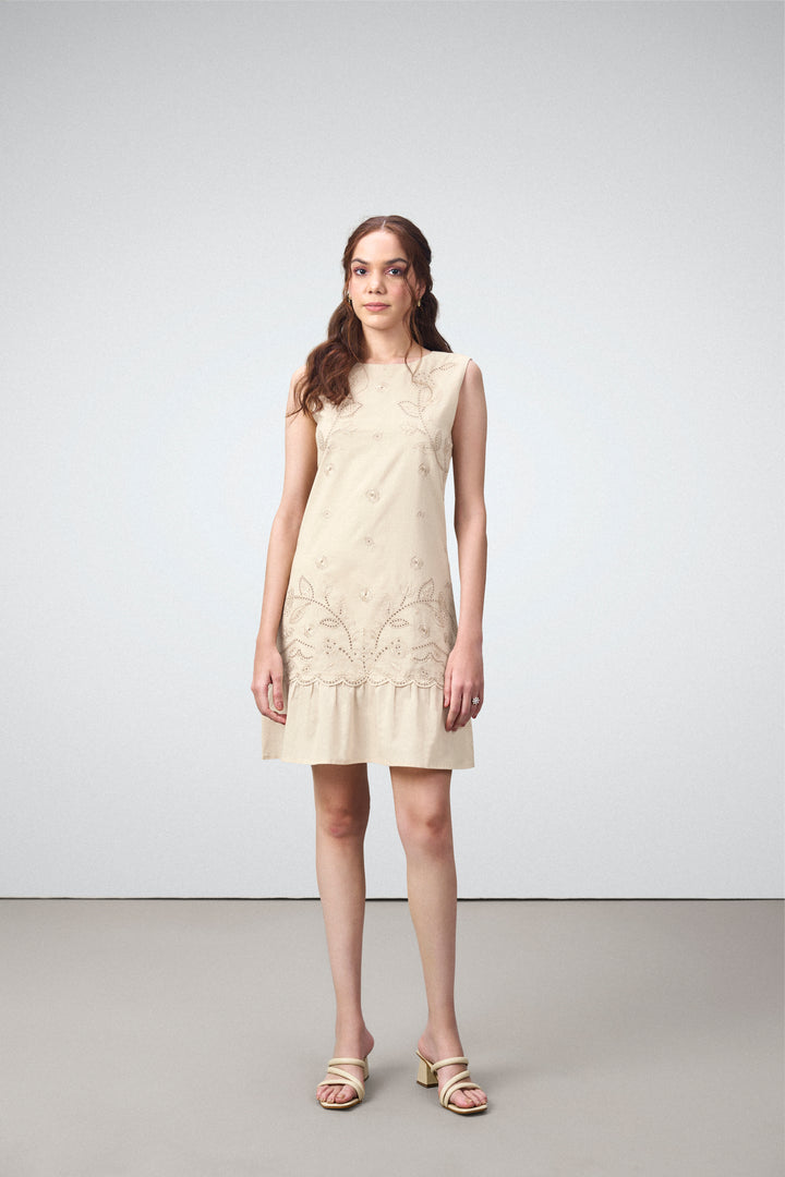 Cotton Round Neckline Sleeveless Embroidered Hem Short Dress For Women Ladies Relaxed Fit Beige Color Model Front View | Blue Cotton Sleeveless Mini Dress With Embroidered Hem