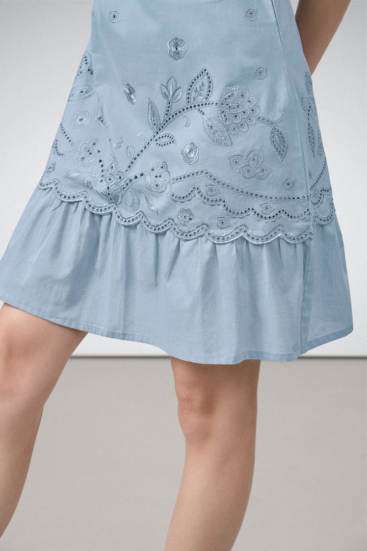 Cotton Round Neckline Sleeveless Embroidered Hem Short Dress For Women Ladies Relaxed Fit Blue Color Hem Embroidery View | Blue Cotton Sleeveless Mini Dress With Embroidered Hem
