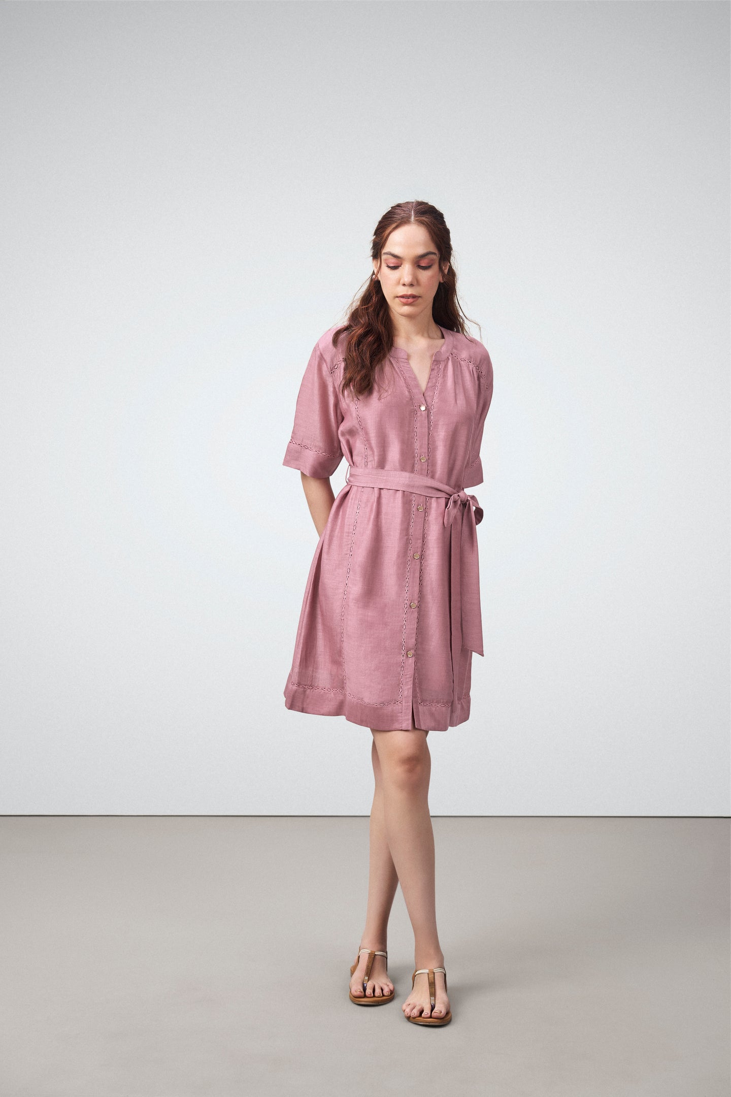 Linen Half Sleeves Adjustable Side Tie Belt Button Front Short Dress For Women Ladies Pink Color Model Front View | Pink Linen Blend Relaxed Fit Dress With Mandarin Collar