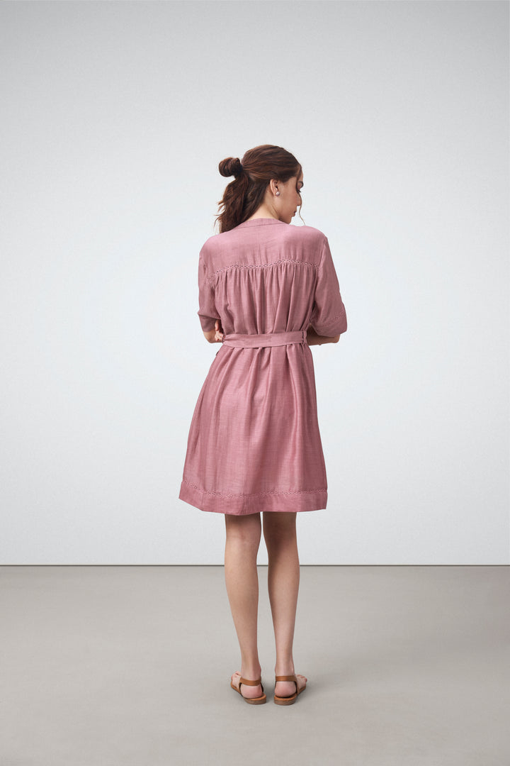 Linen Half Sleeves Adjustable Side Tie Belt Button Front Short Dress For Women Ladies Pink Color Model Back View | Pink Linen Blend Relaxed Fit Dress With Mandarin Collar