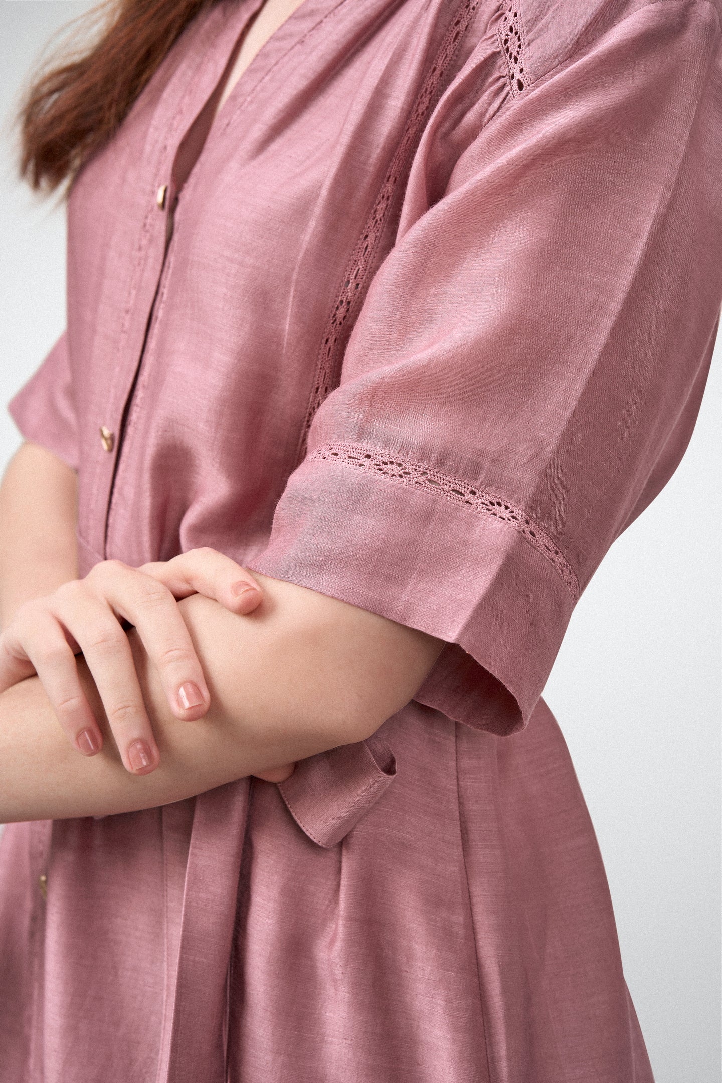 Linen Half Sleeves Adjustable Side Tie Belt Button Front Short Dress For Women Ladies Pink Color Close-up Sleeve View | Pink Linen Blend Relaxed Fit Dress With Mandarin Collar