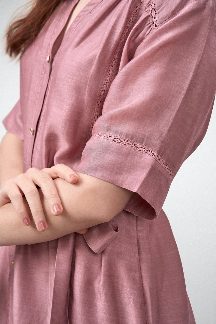 Linen Half Sleeves Adjustable Side Tie Belt Button Front Short Dress For Women Ladies Pink Color Close-up Sleeve View | Pink Linen Blend Relaxed Fit Dress With Mandarin Collar