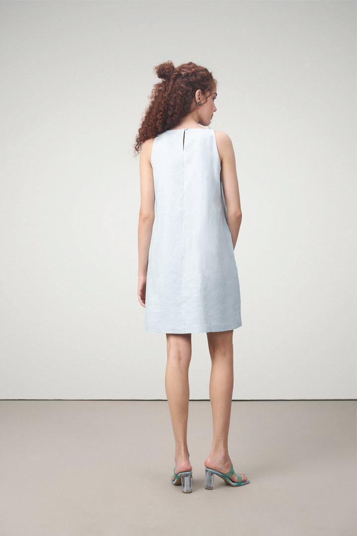 Women Ladies Linen Sleeveless Short Mini Dress Light Blue Color | Women’s Linen Boat Neck Sleeveless Mini Dress | Back Side View Linen Shift Dress