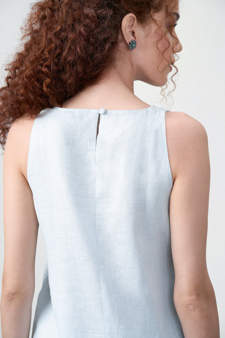 Women Ladies Linen Sleeveless Short Mini Dress Light Blue Color Back View | Women’s Linen Boat Neck Sleeveless Mini Dress | Front Side View Linen Shift Dress