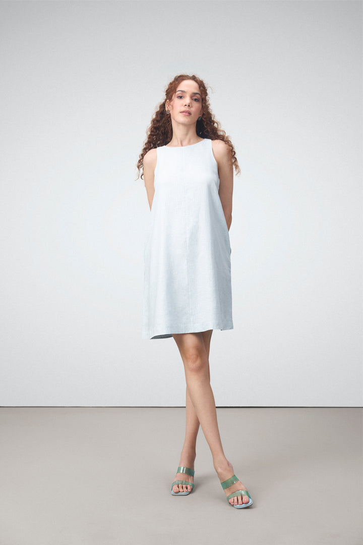 Women Ladies Linen Sleeveless Short Mini Dress Light Blue Color | Women’s Linen Boat Neck Sleeveless Mini Dress | Front Side View Linen Shift Dress