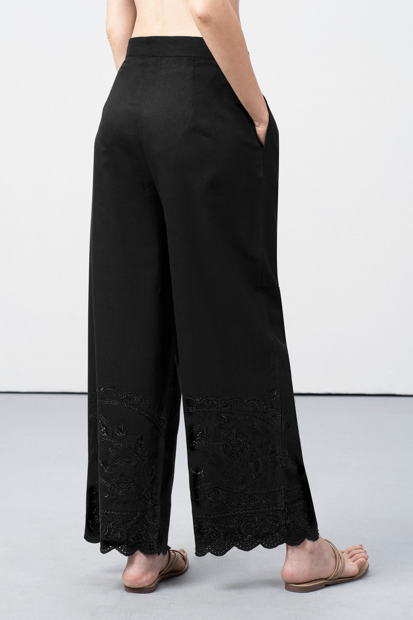 Women Pants Cutwork Embroidery Scallop Hem Elastic Waistband Black Color Trousers Back View