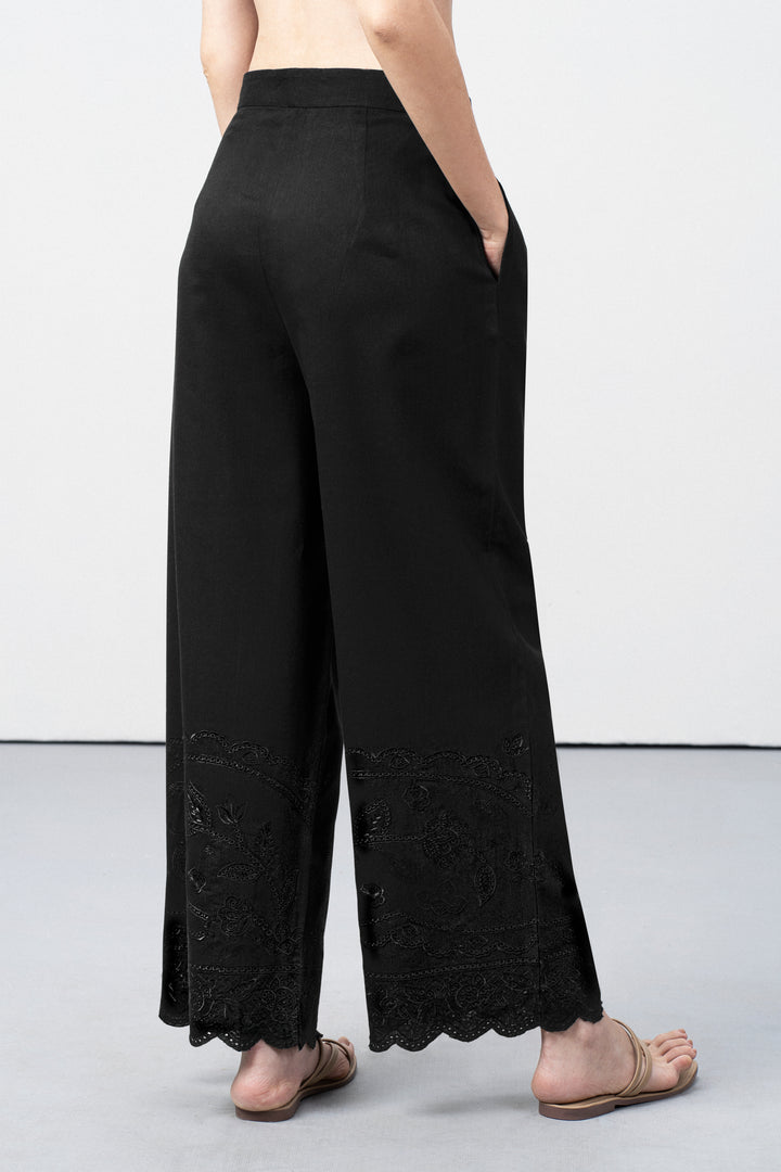 Women Pants Cutwork Embroidery Scallop Hem Elastic Waistband Black Color Trousers Back View