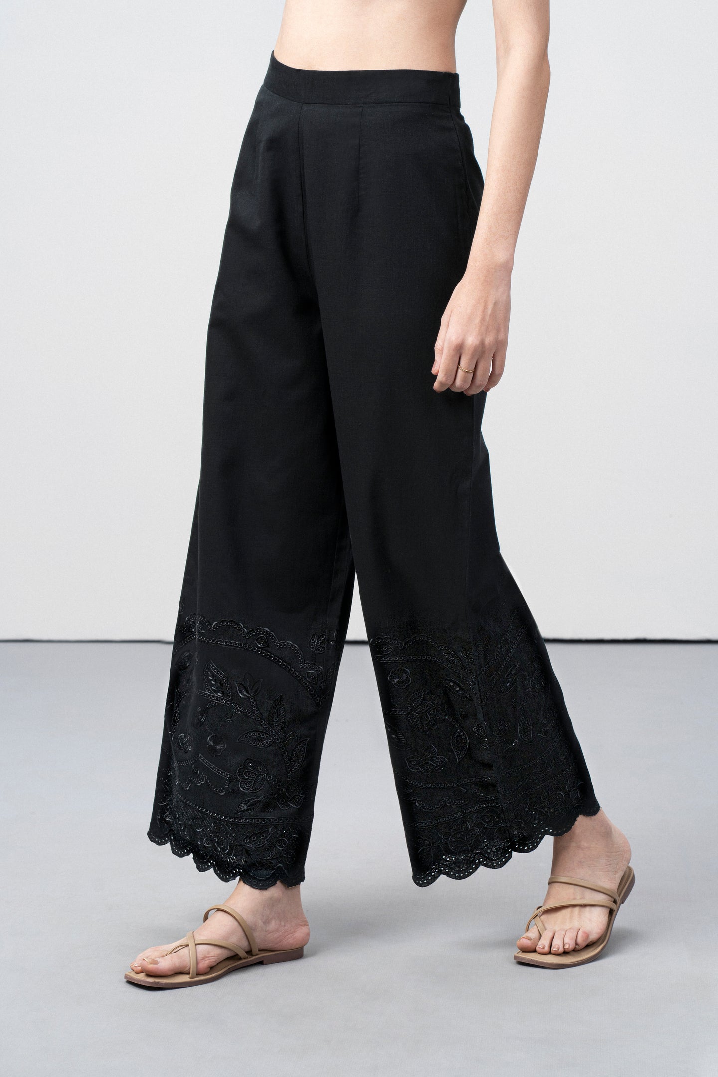 Women Pants Cutwork Embroidery Scallop Hem Elastic Waistband Black Color Trousers left side View