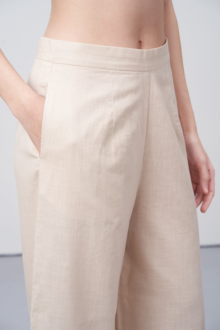 women pants 100% cotton high waist straight fit cutwork embroidery beige color scallop trousers side pocket view