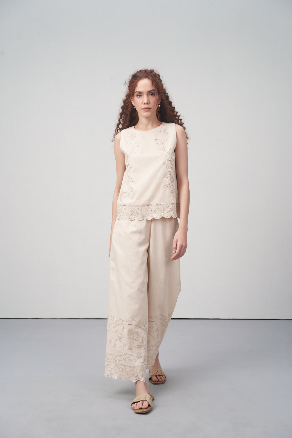 women pants 100% cotton high waist straight fit cutwork embroidery beige color scallop trousers model view