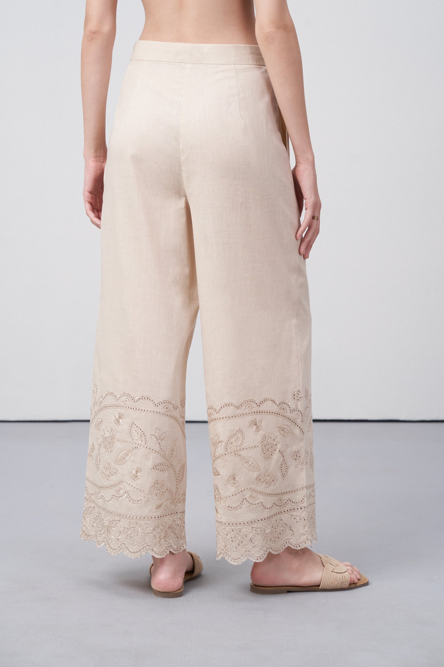 women pants 100% cotton high waist straight fit cutwork embroidery beige color scallop trousers back view