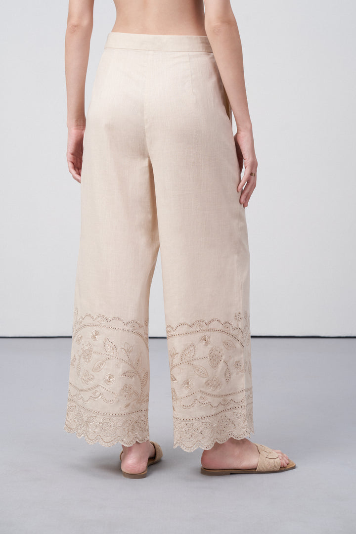women pants 100% cotton high waist straight fit cutwork embroidery beige color scallop trousers back view