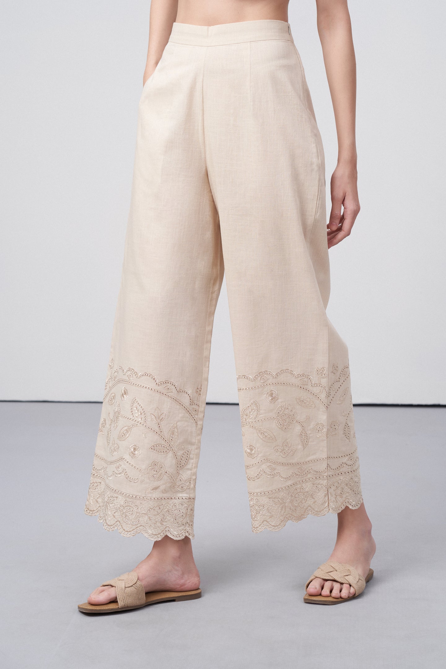 women pants 100% cotton high waist straight fit cutwork embroidery beige color scallop trousers side view