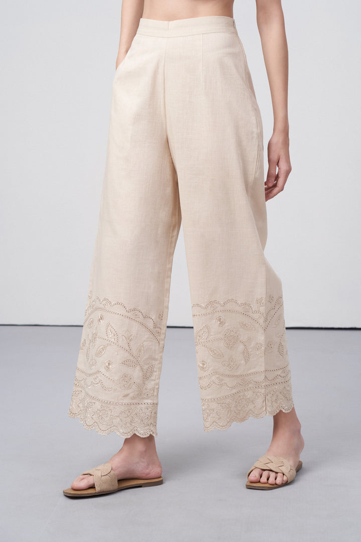 women pants 100% cotton high waist straight fit cutwork embroidery beige color scallop trousers side view