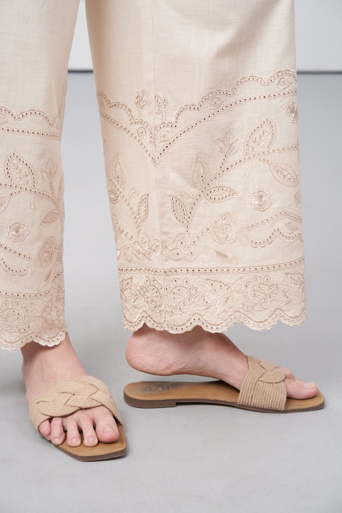 women pants 100% cotton high waist straight fit cutwork embroidery beige color scallop hem trousers