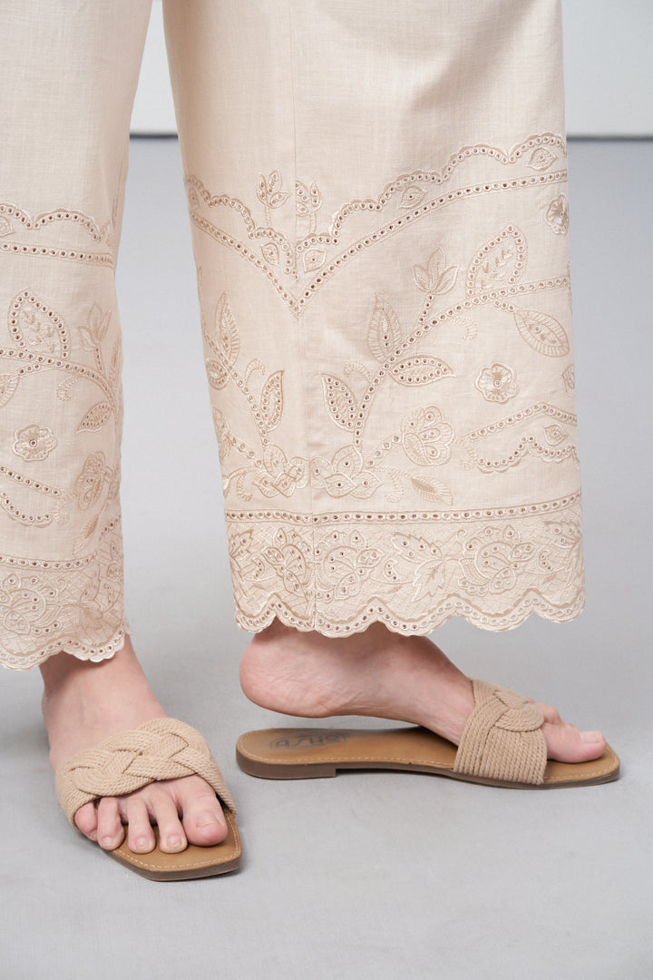 women pants 100% cotton high waist straight fit cutwork embroidery beige color scallop hem trousers