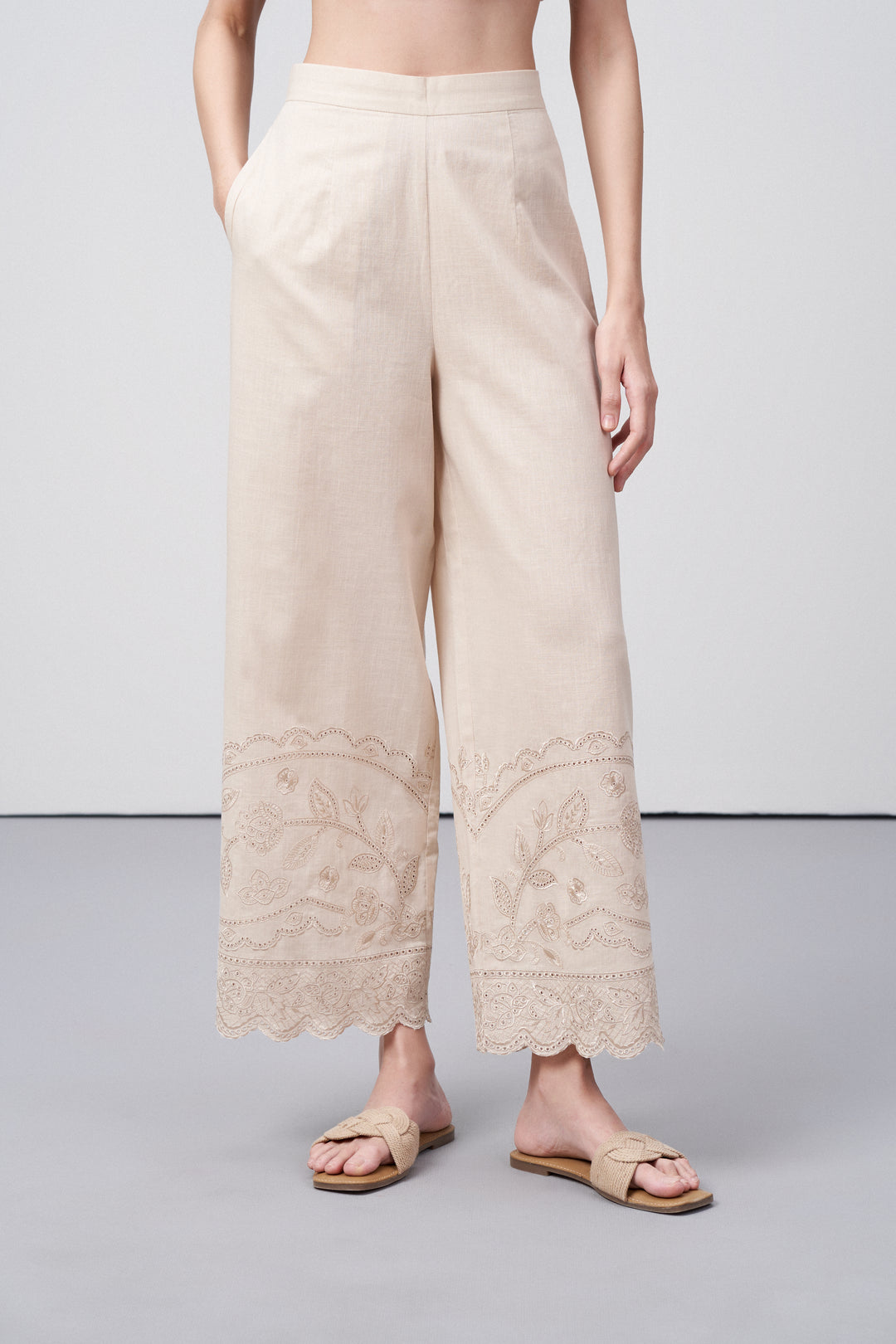 women pants 100% cotton high waist straight fit cutwork embroidery beige color scallop trousers front view