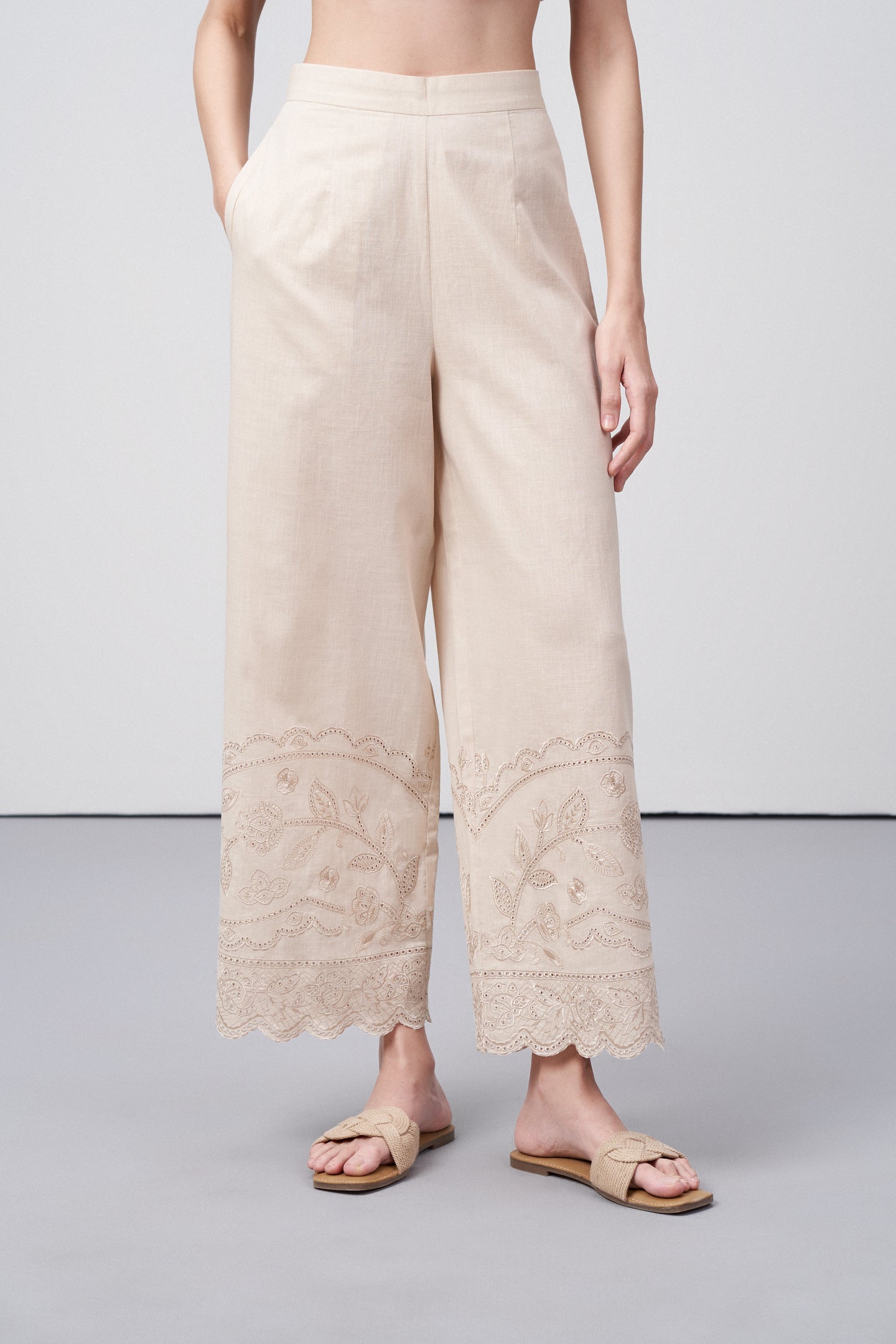 women pants 100% cotton high waist straight fit cutwork embroidery beige color scallop trousers front view
